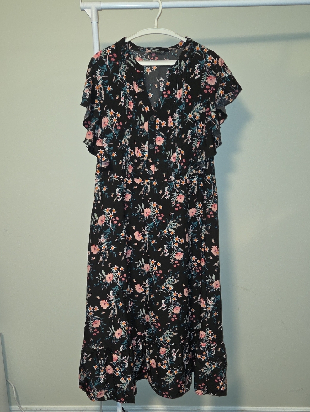 BloomChic Black Dress with Pink and Blue Floral Print With Pockets Workwear